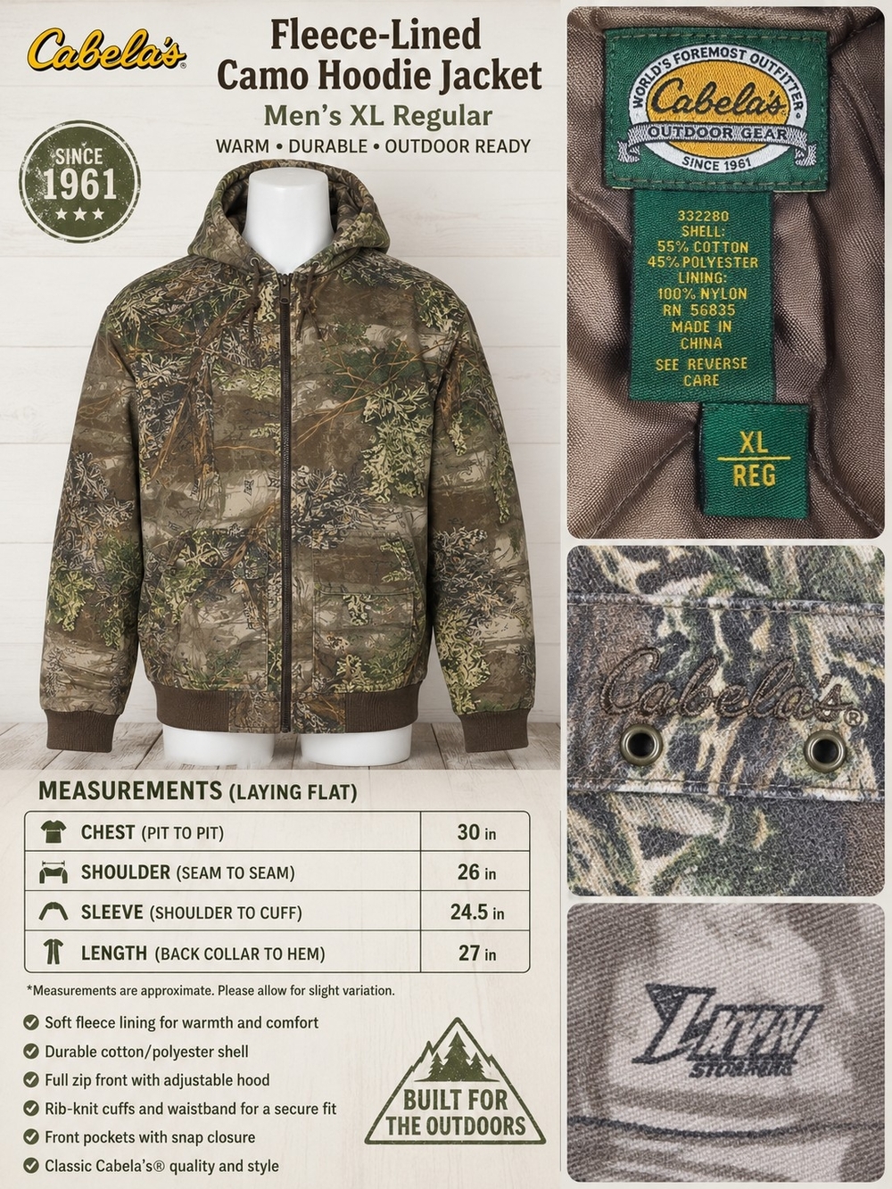 Cabela's Fleece-Lined Camo Hoodie Jacket - Men's XL Regular, Mossy Oak Camo